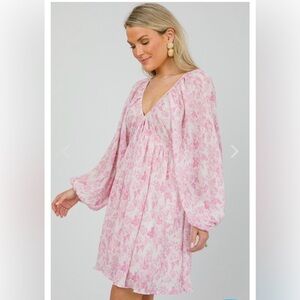 Mable • Boutique Pink & White Toile Smocked Long Sleeve Sundress • Size S NWT